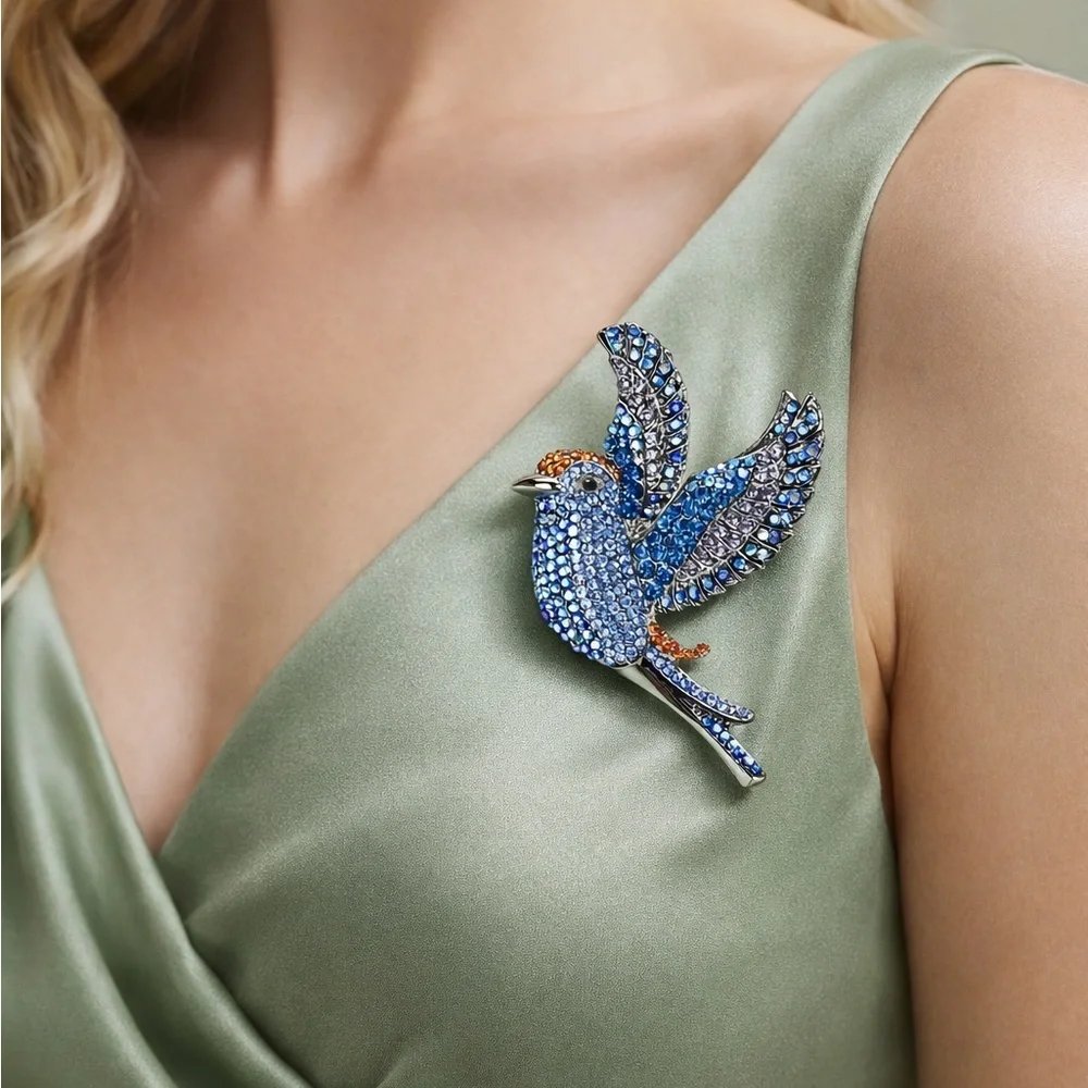 Exquisite Blue Crystal Bird Brooch
